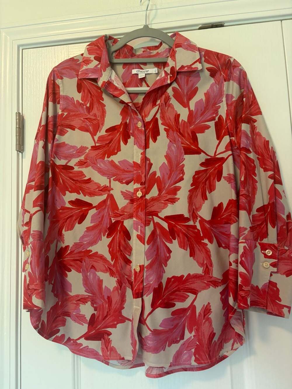 Chico's Red and Pink Botanical Leaf Print Long Sleeve Button-Up Shirt